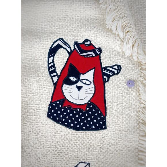 VTG Cat Tea Party Kimono Fringe Jacket Patchwork Embroidered Cottagecore Whimsy - Picture 5 of 12